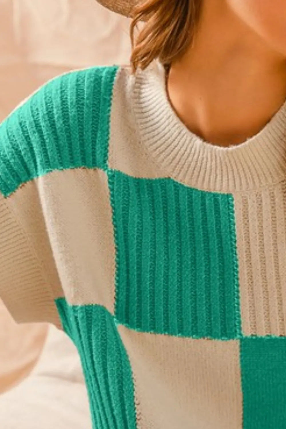 Check Plaid Casual Sweater Top in Jade side view