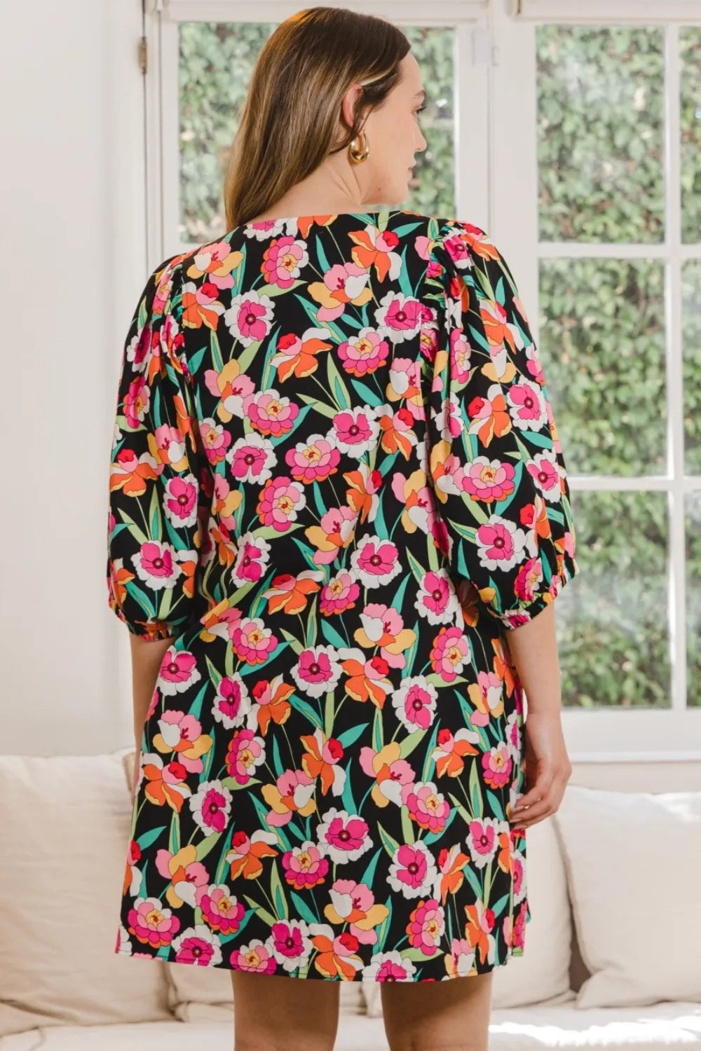 Floral Puff Sleeve Mini Dress in Black back view