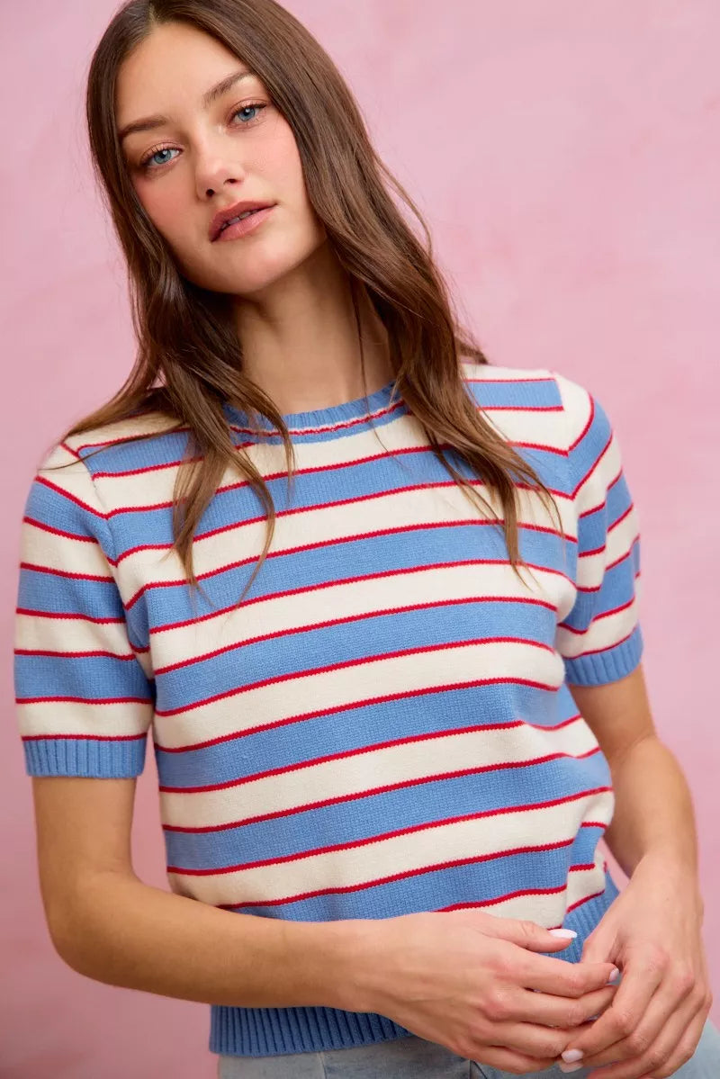Blue red striped sweater top texture close up
