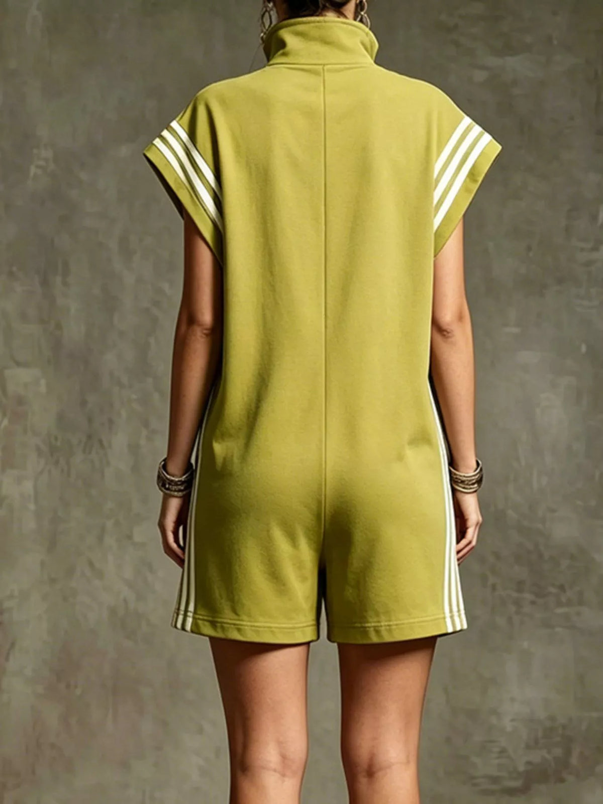 Striped zip front short sleeve romper back view