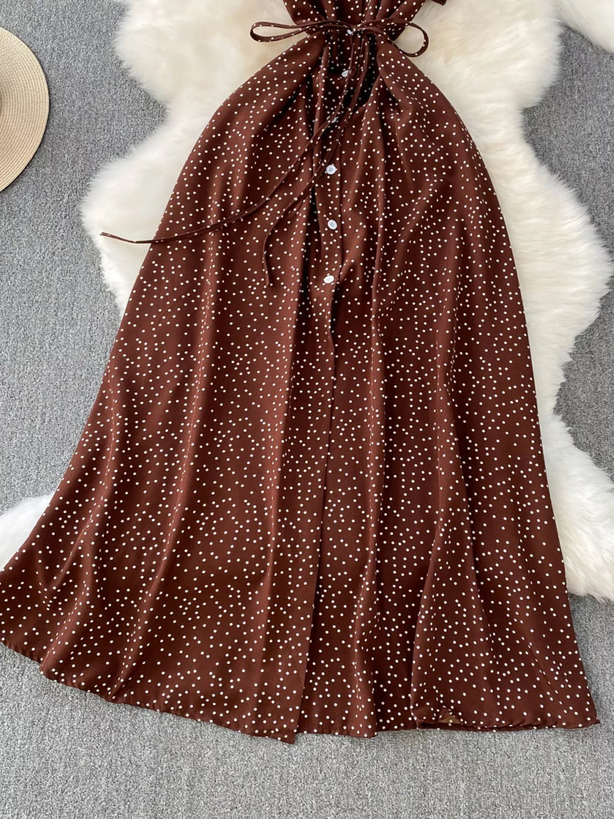 Brown polka dot belted maxi dress back view