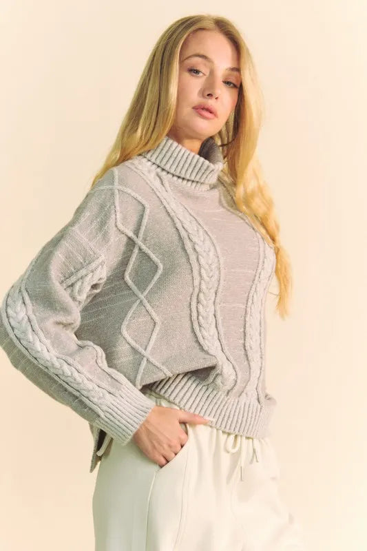 Cable Knit Turtleneck Drop Shoulder Sweater in Gray side view
