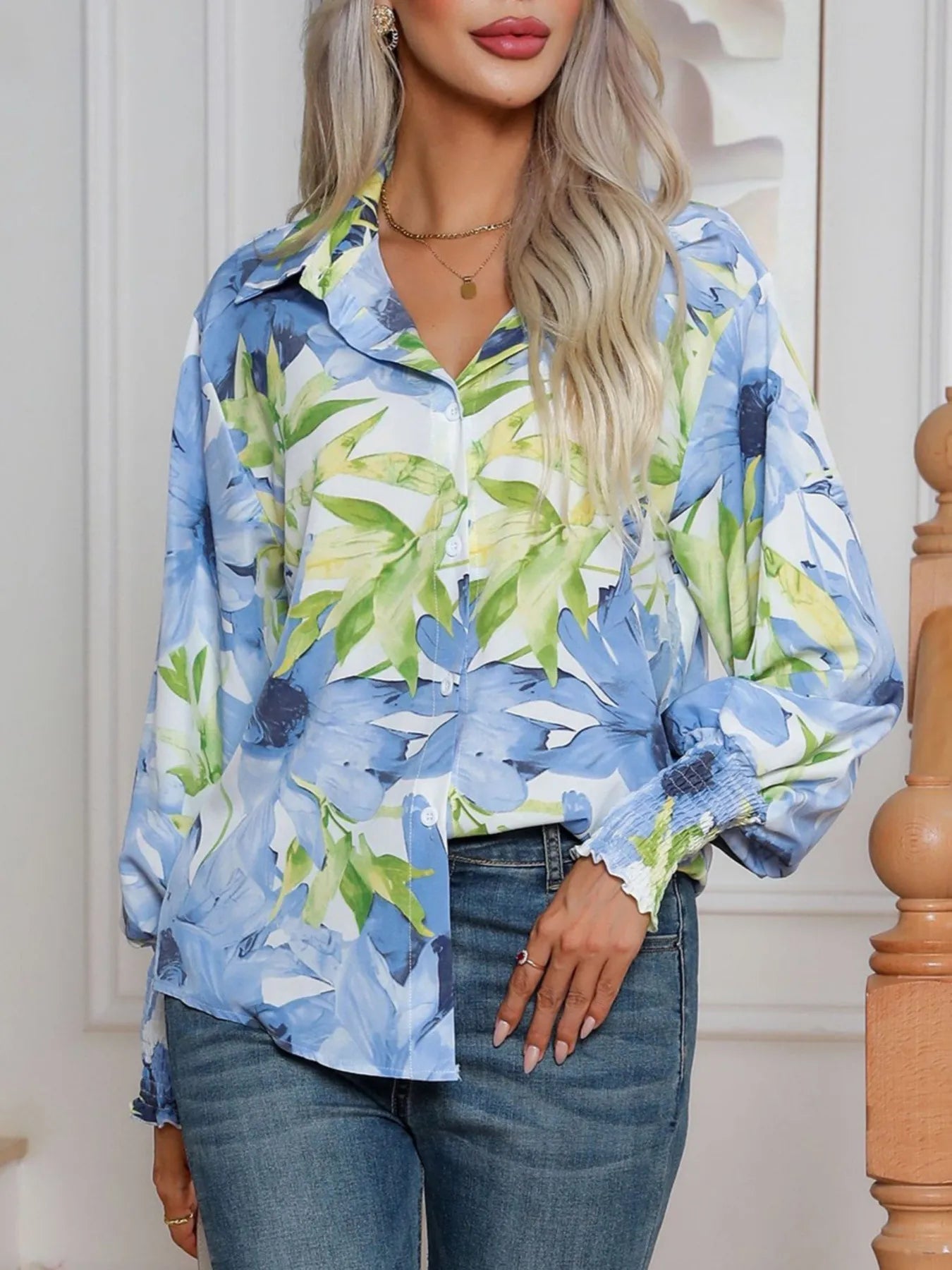 Printed Button Up Long Sleeve Shirt - Fashorio
