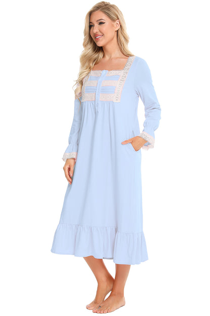 Lace Detail Square Neck Flounce Sleeve Night Dress - Fashorio