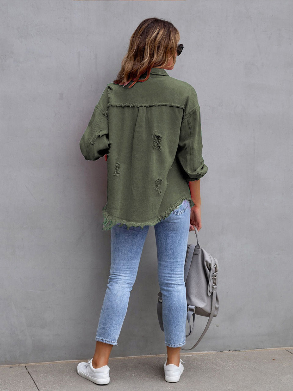 Distressed Drop Shoulder Denim Jacket - Fashorio