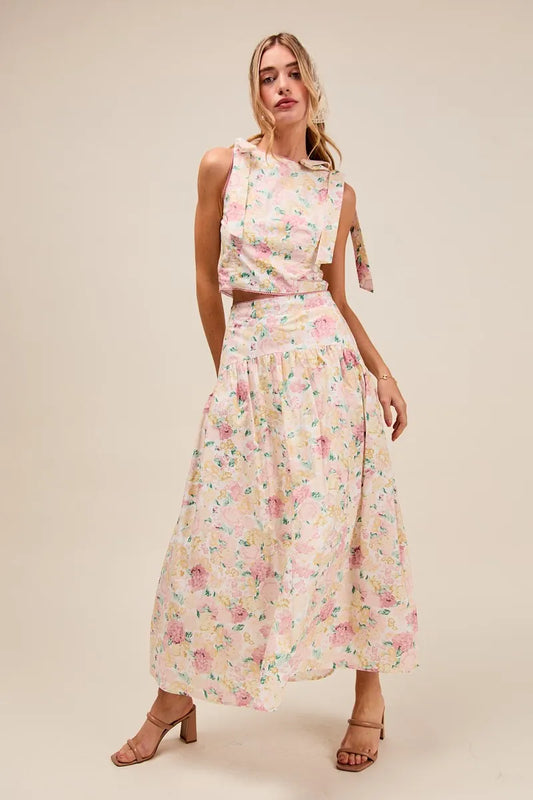 SO ME Floral Printed Woven Shoulder Bow Tie Top and Skirt Set FLORAL - Fashorio