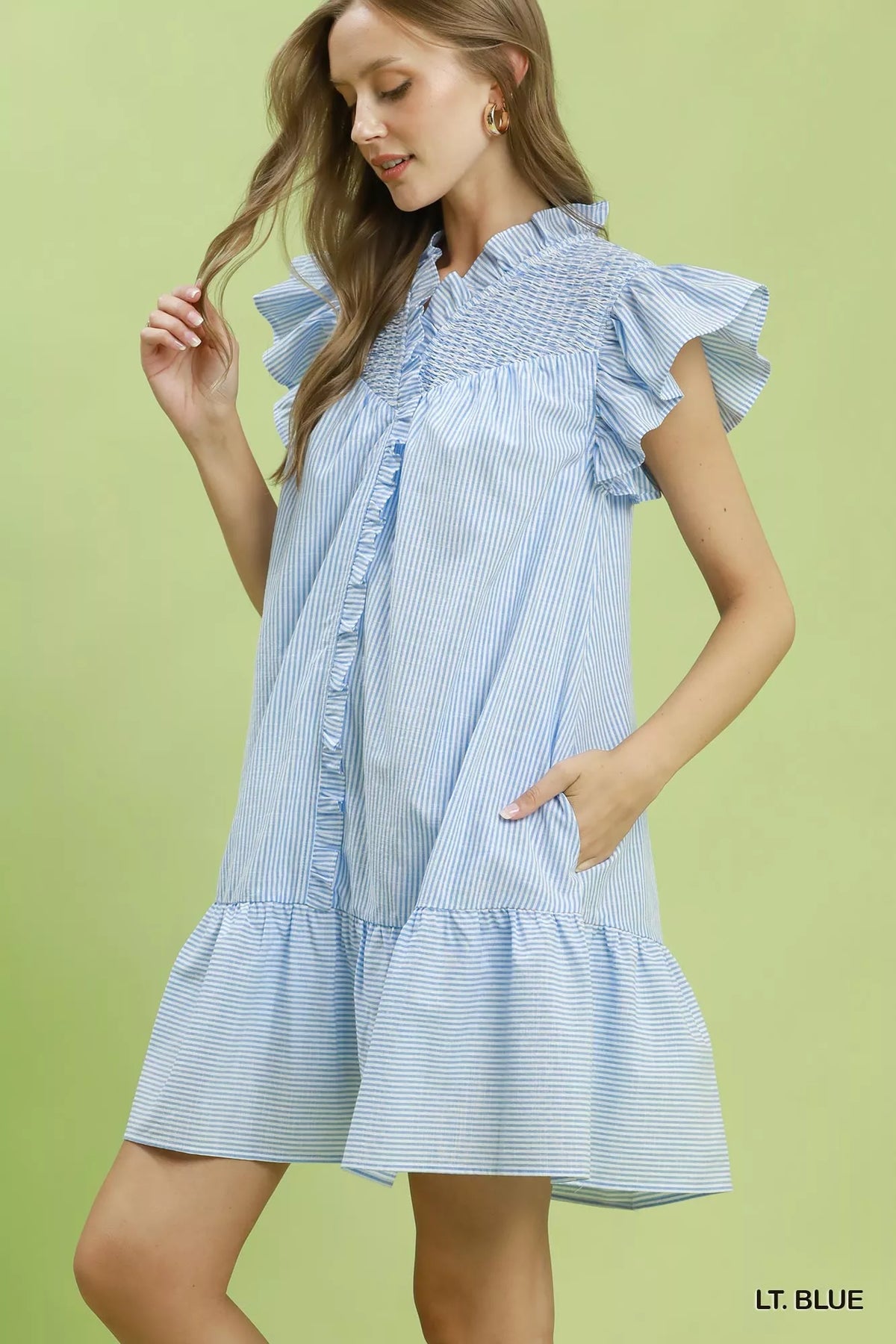 Light blue striped smocked yoke ruffle dress back view