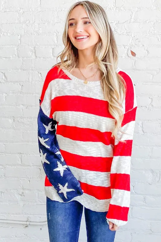 American Flag Long Sleeve Sweater in Red and Navy styled look