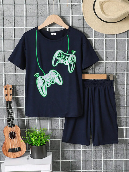 Children's Graphic Round Neck T-Shirt and Pants Set Black - Fashorio
