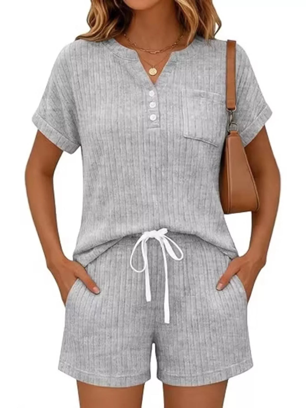 Ribbed Knit Tee and Shorts Two Piece Set, view 21