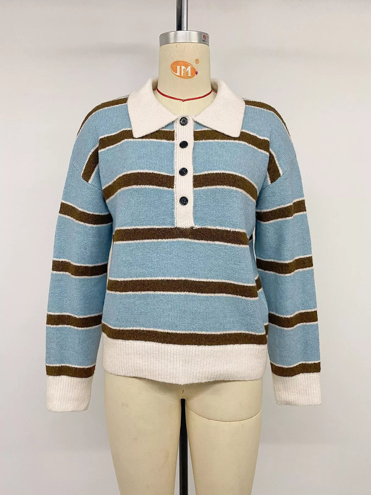 Striped Button Polo Collar Sweater in Blue view 11