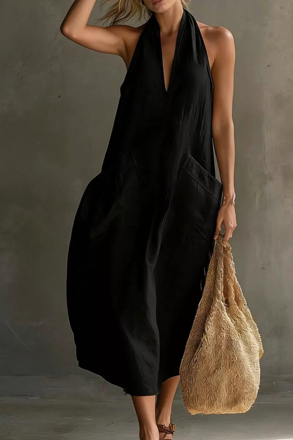 Halter neck pocket midi dress, on model