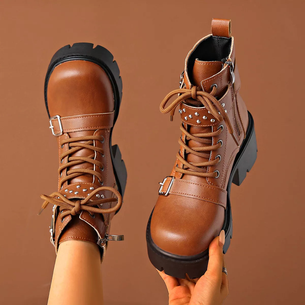 Round toe block heel boots full length view