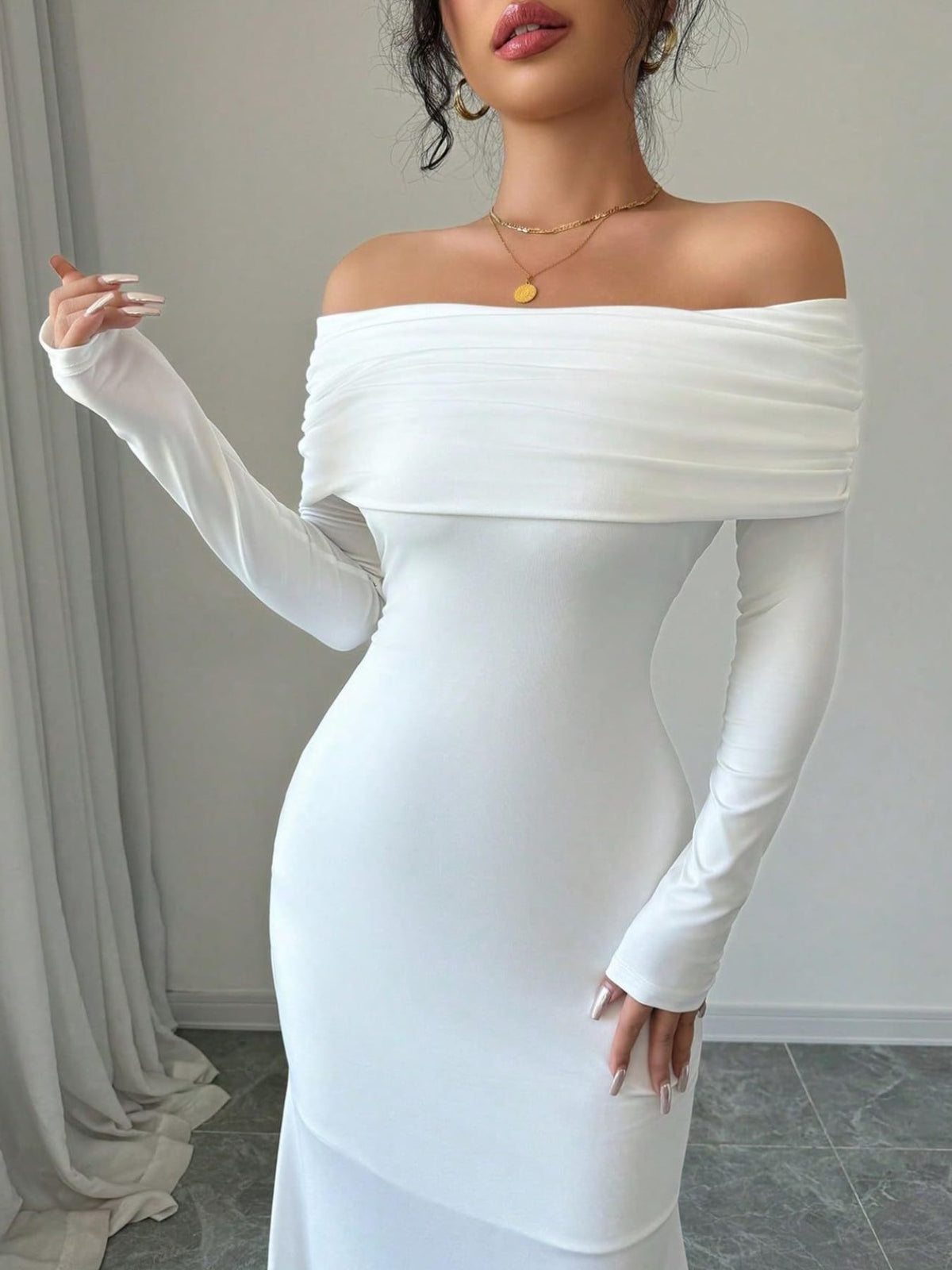 Off shoulder ruched bodycon maxi dress back view