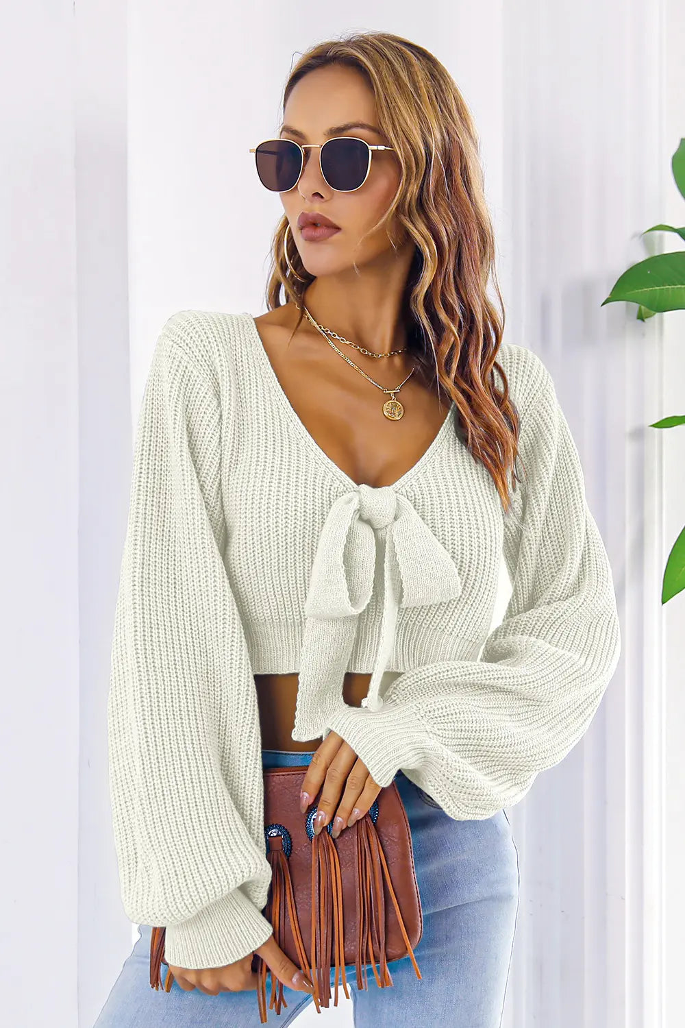 Bow V-Neck Long Sleeve Cropped Sweater - Fashorio