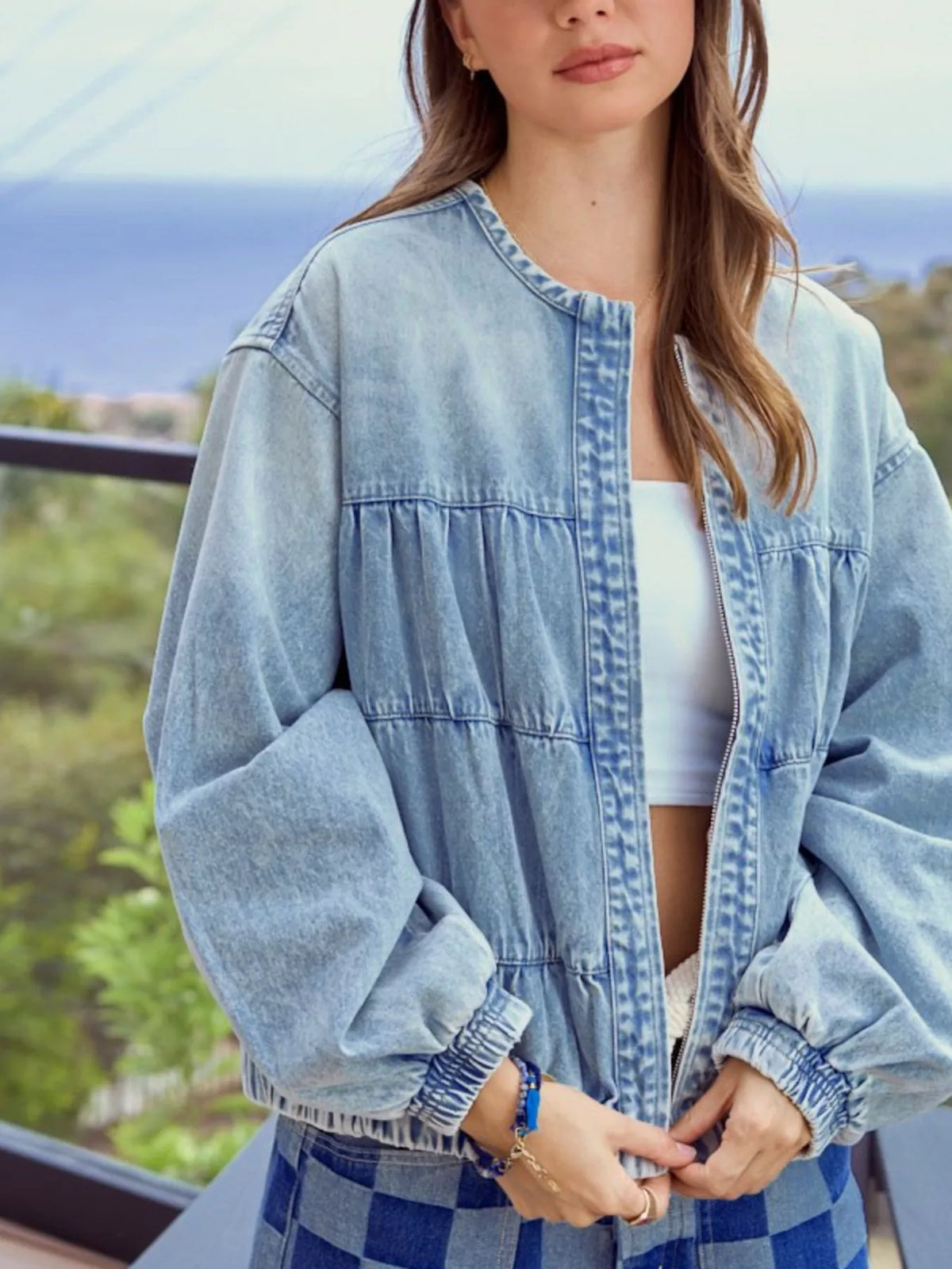 Washed Zip Up Denim Jacket in Medium Wash styled look