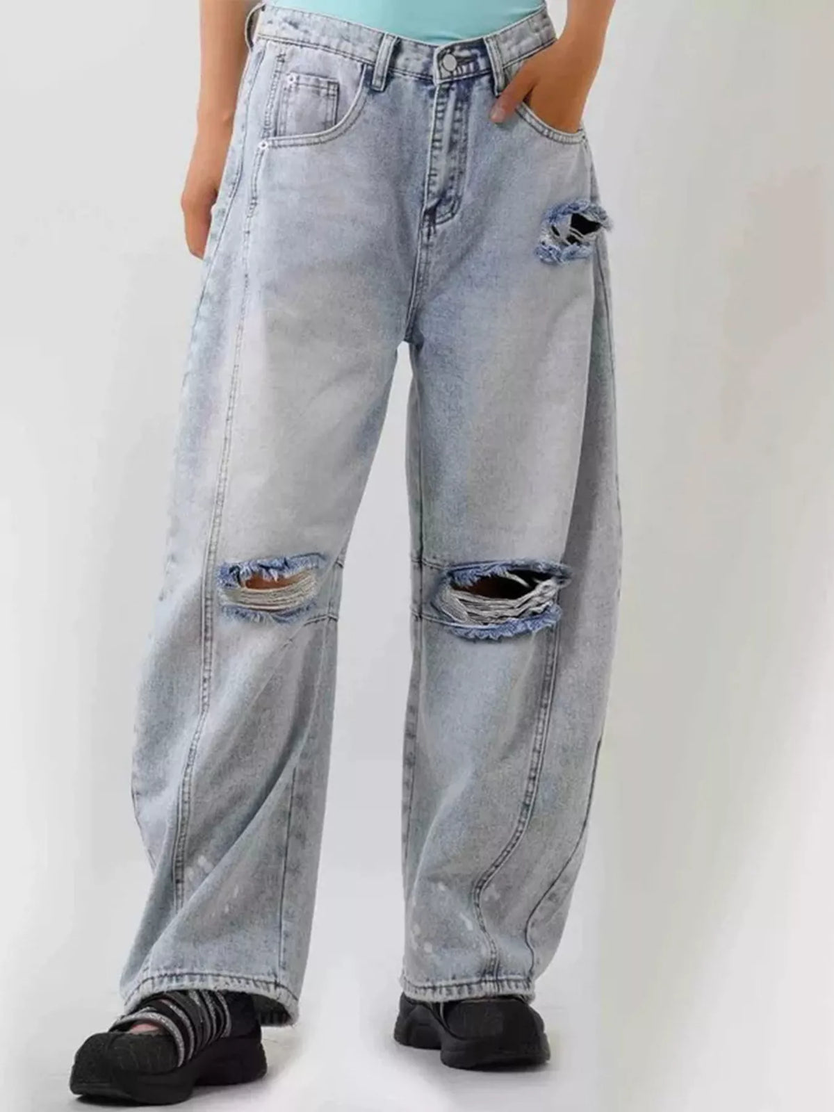Distressed two tone wide leg jeans front view