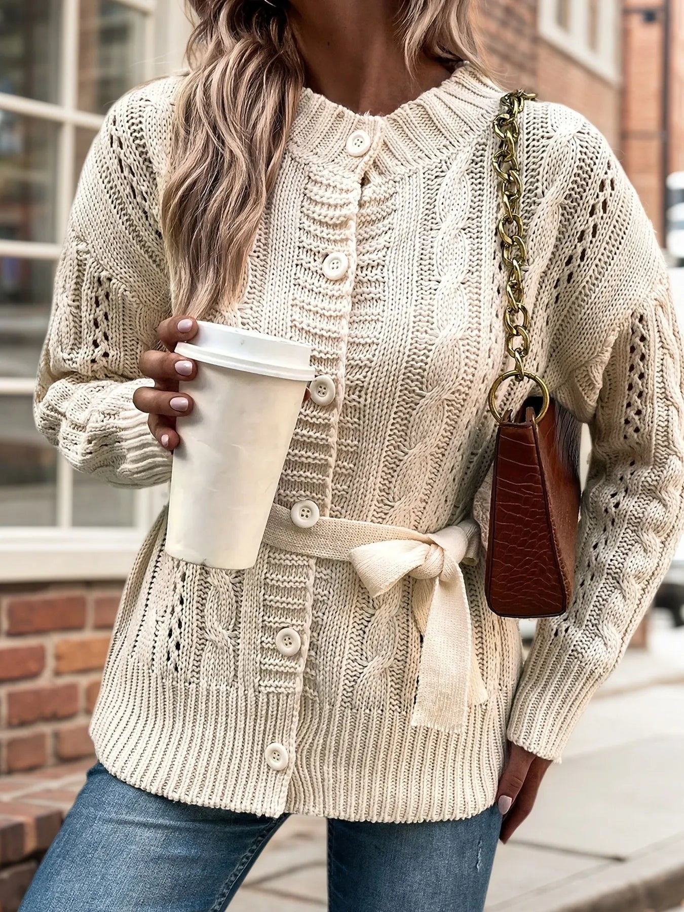 Cable Knit Belted Cardigan with Button Front - Fashorio