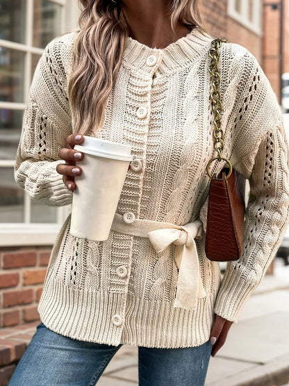 Cable Knit Belted Cardigan with Button Front - Fashorio