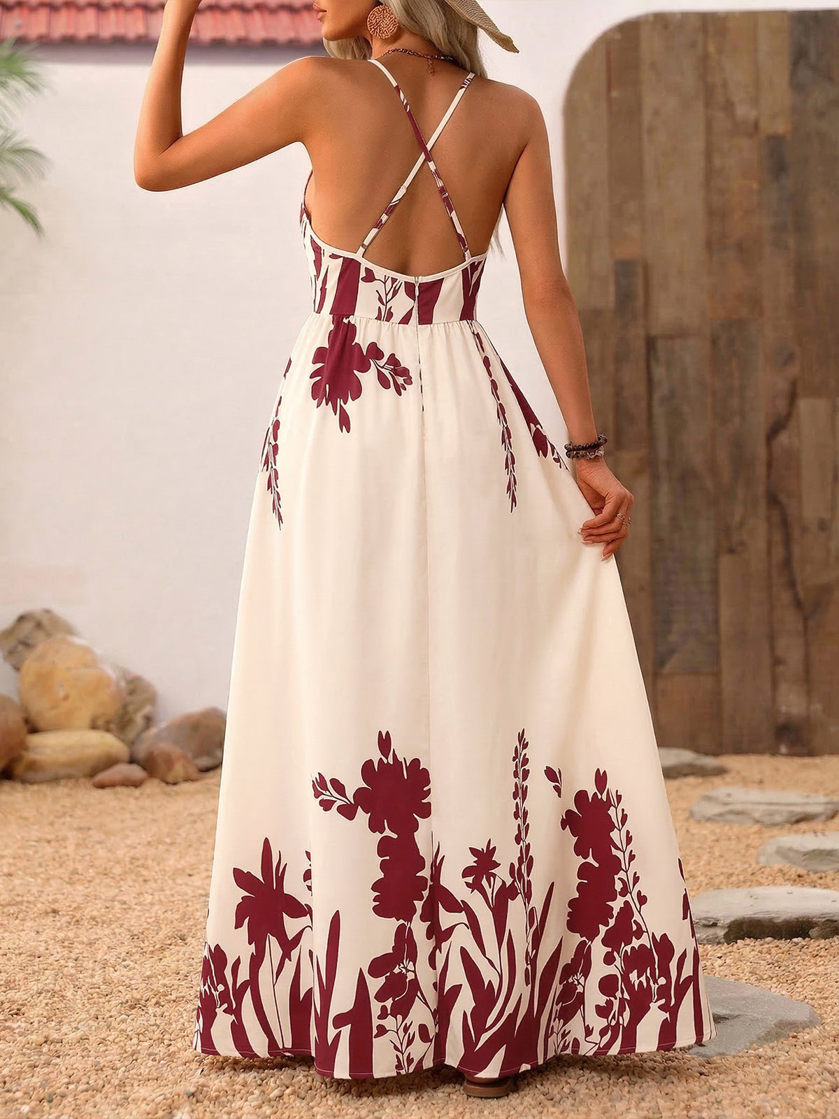red deep v neck spaghetti strap maxi dress neckline detail