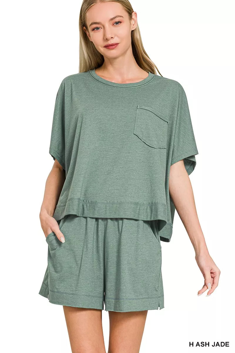 Exposed seam boxy top and shorts set front view