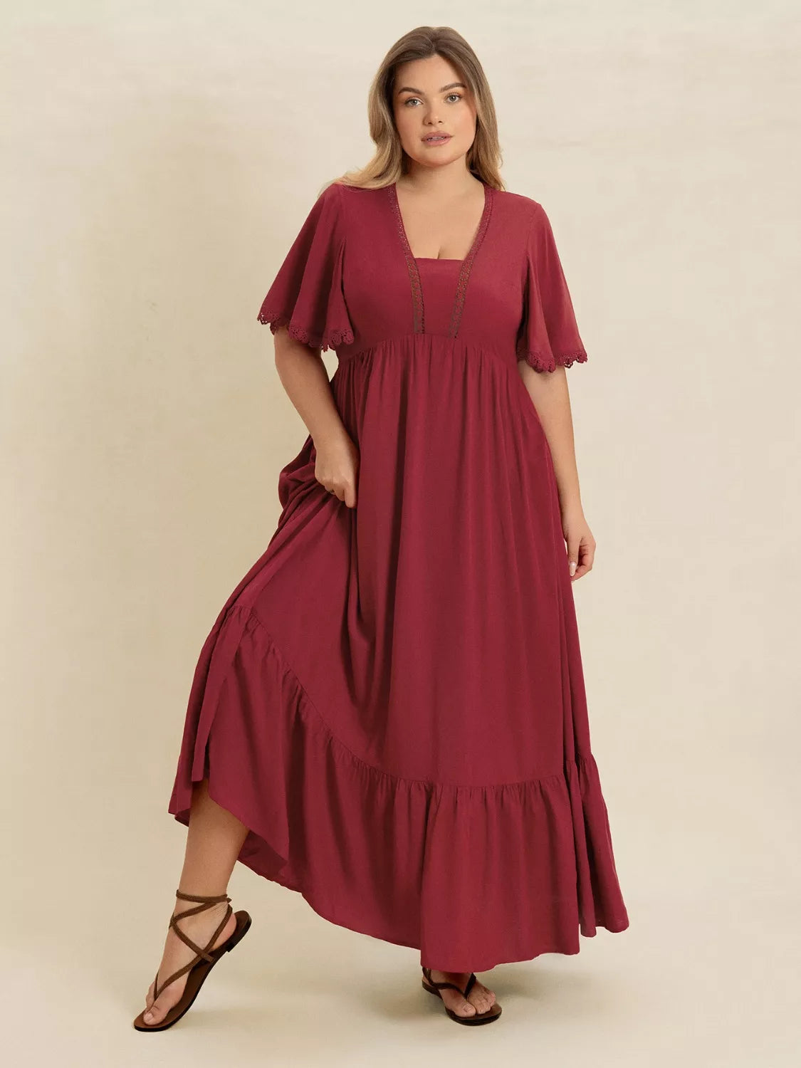 Lace Detail Flutter Sleeve Maxi Dress Plus Size back view