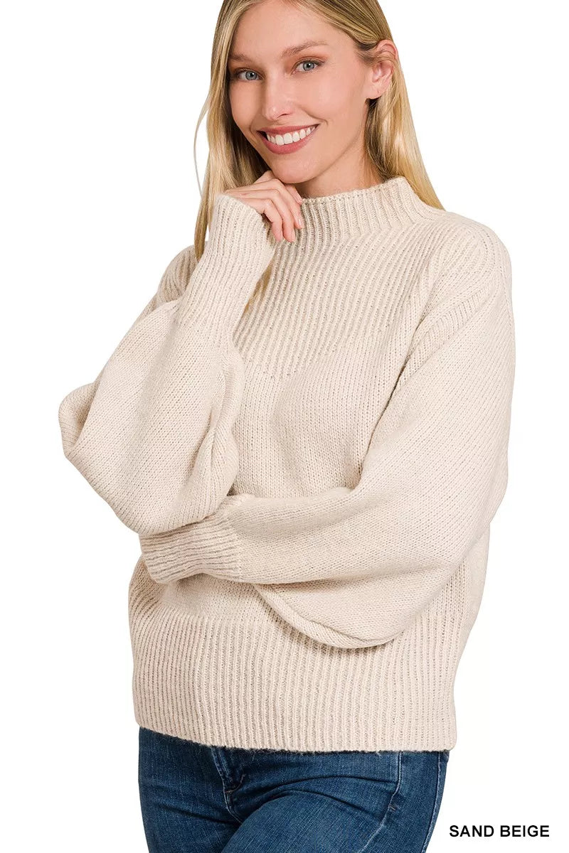 Balloon Sleeve Mock Neck Sweater in Sand Beige