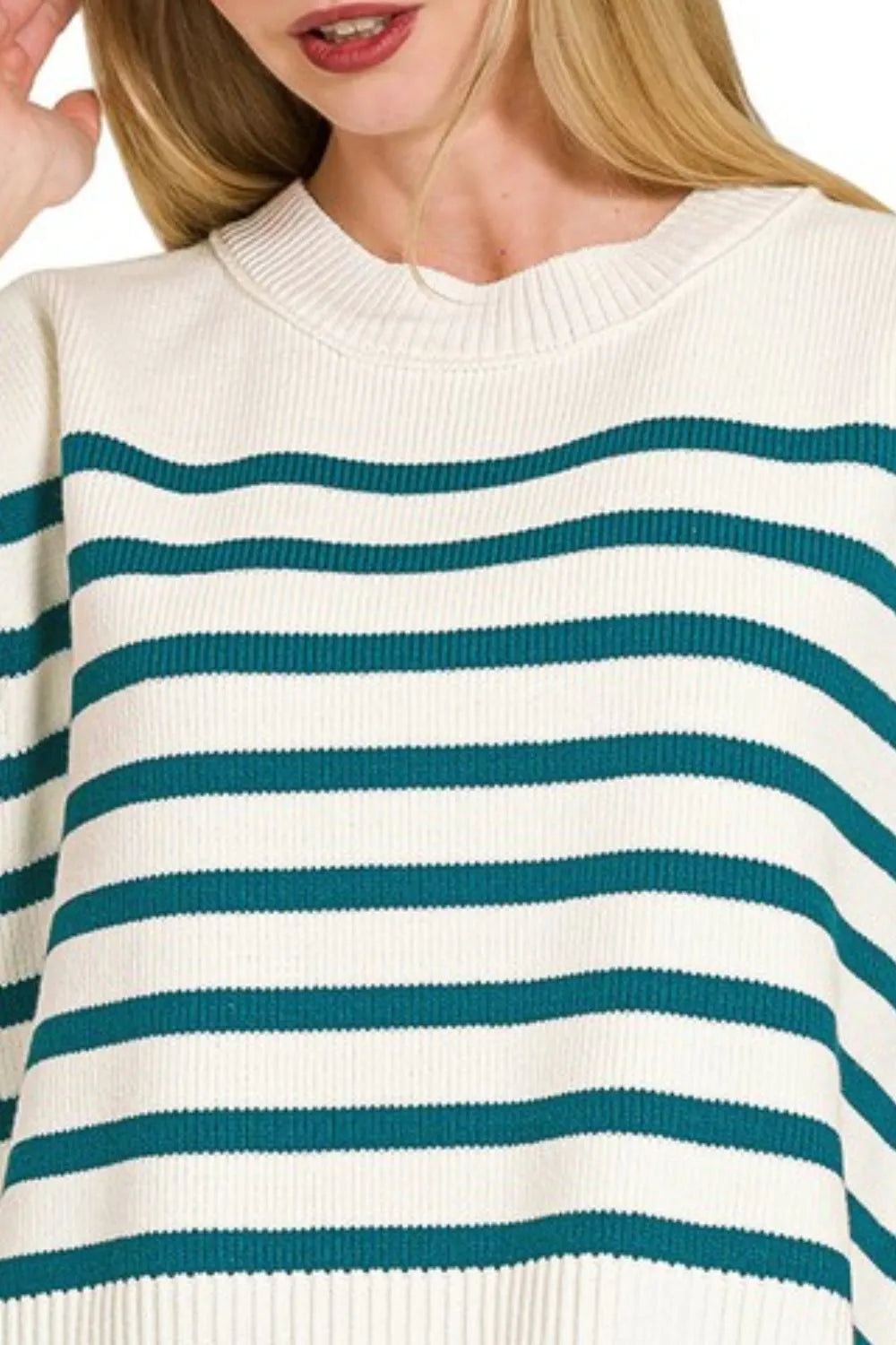 Oversized Striped Crew Neck Sweater Vest in Teal back view