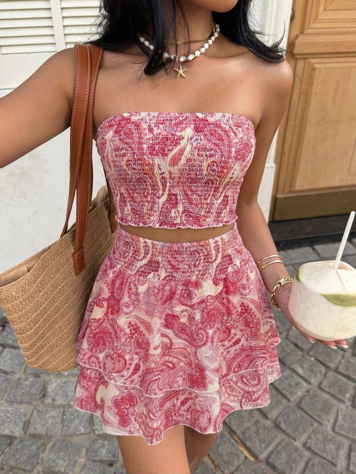 Paisley print tube top and ruffle mini skirt set front view
