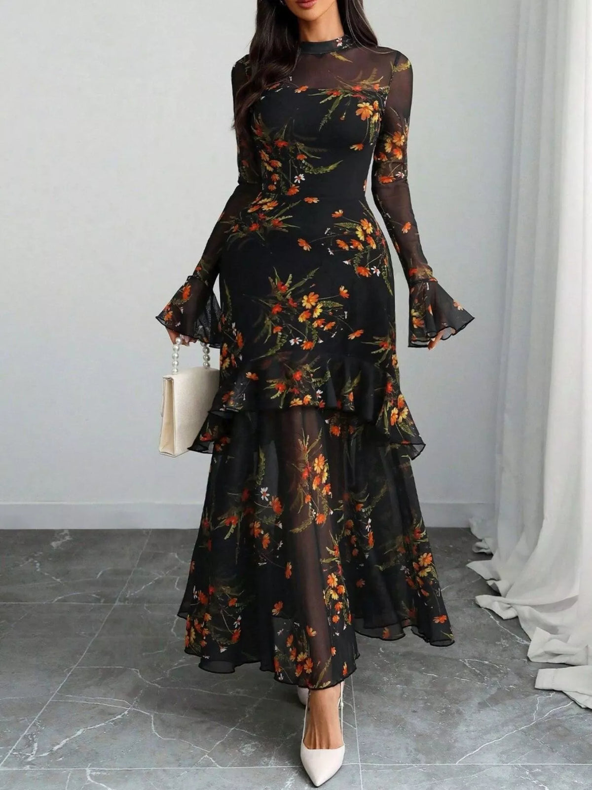 Floral flounce sleeve mermaid maxi dress, back view