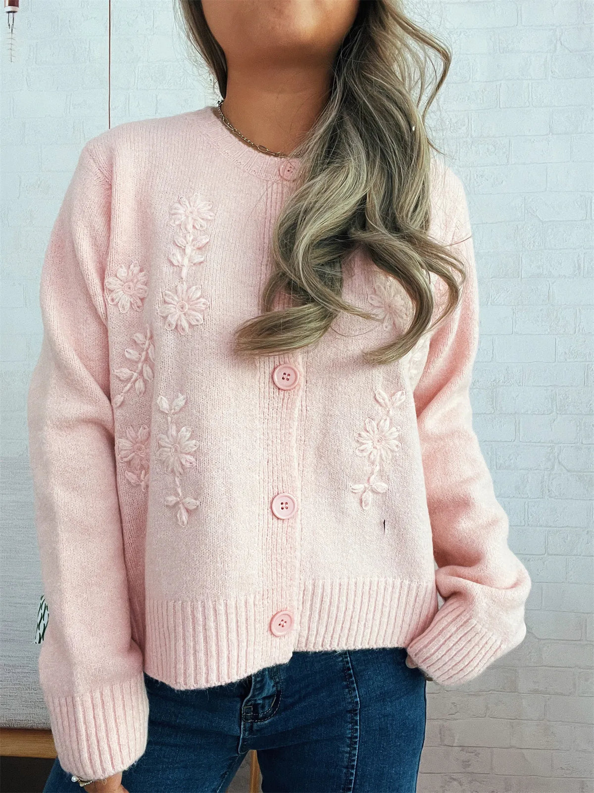floral embroidered button up ribbed cardigan neckline detail