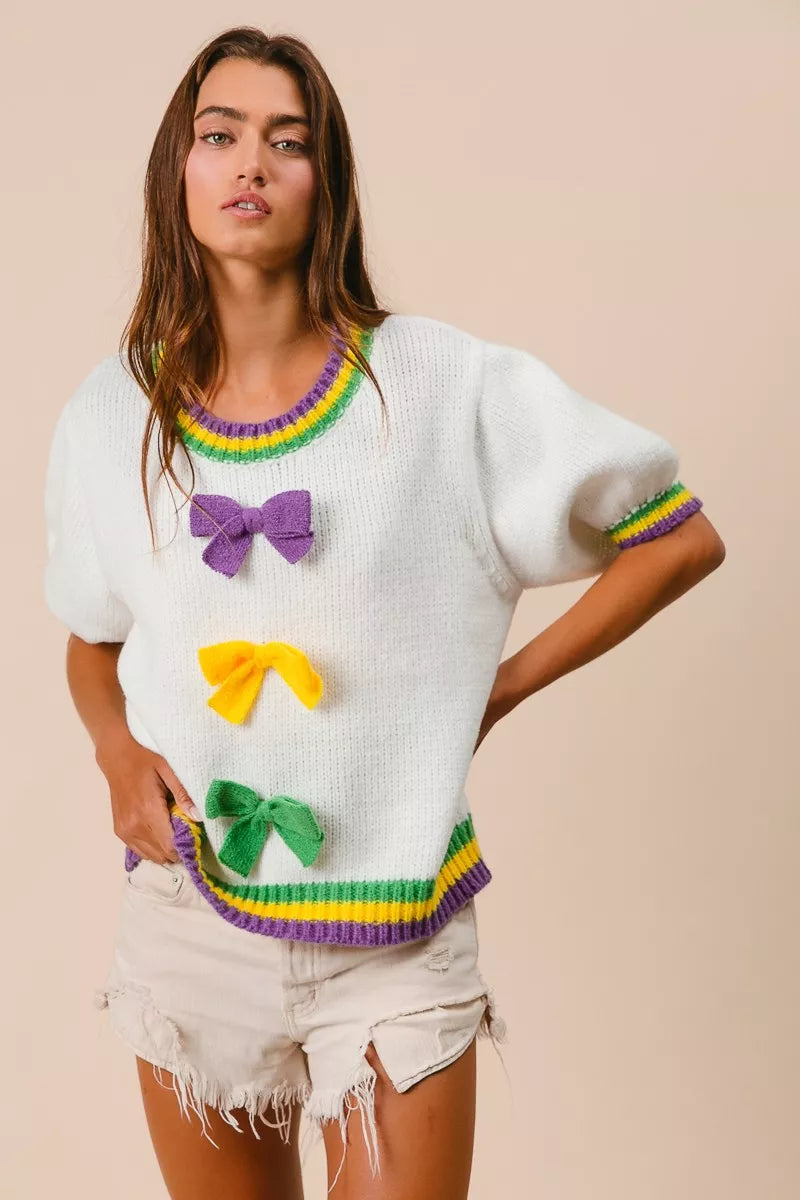 Puff Sleeve Ribbon Bow Sweater in Ivory