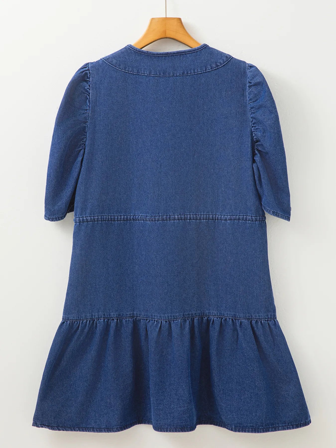 Drawstring High Waist Puff Sleeve Denim Mini Dress - Fashorio