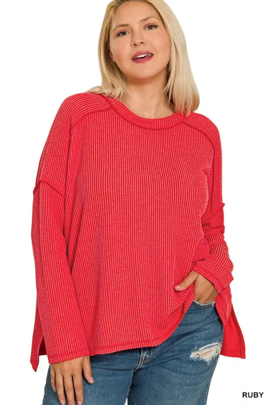Zenana Full Size Exposed Seam Long Sleeve Corded Rib Knit Top Plus Size - Fashorio