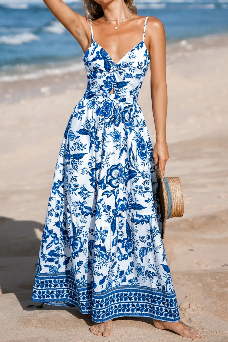 Dusty blue floral twist front cutout maxi dress front view