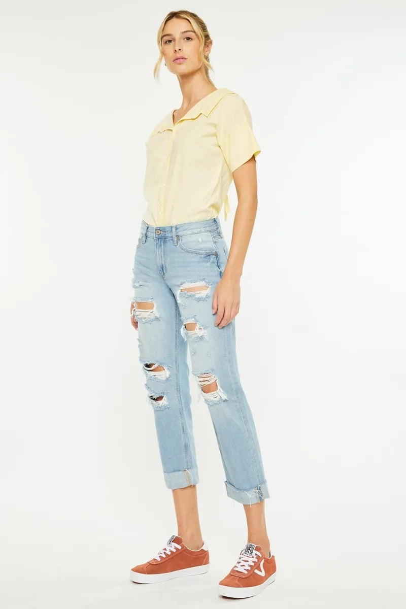Side view of mid rise boyfriend jeans