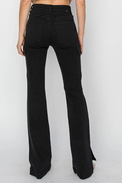 RISEN Full Size High Rise Side Slit Cargo Bootcut Jeans - Fashorio