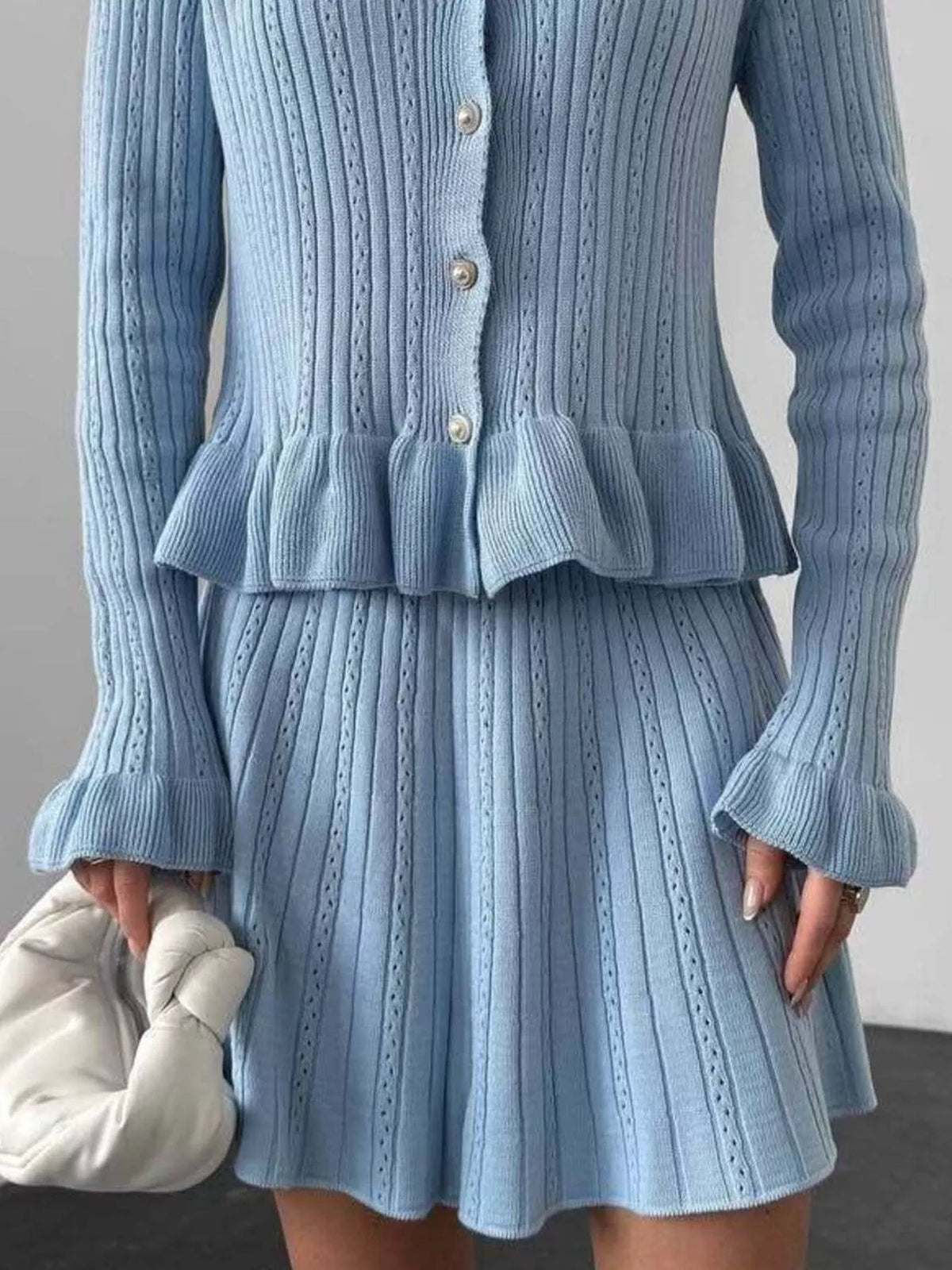 Ruffle Trim Knit Cardigan and Skirt Set, view 6