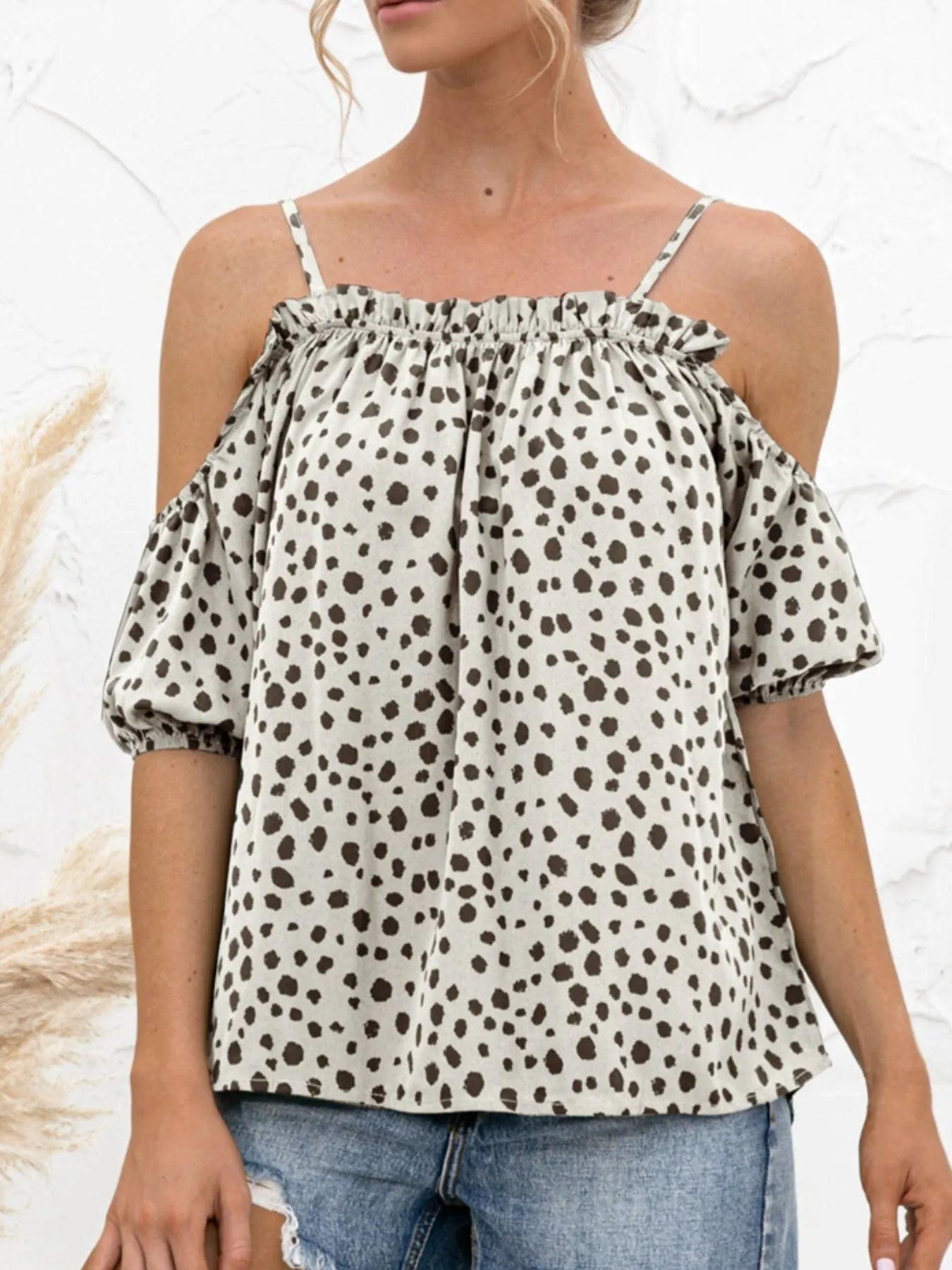 Puff Sleeve Polka Dot Ruffle Cami Top - Fashorio