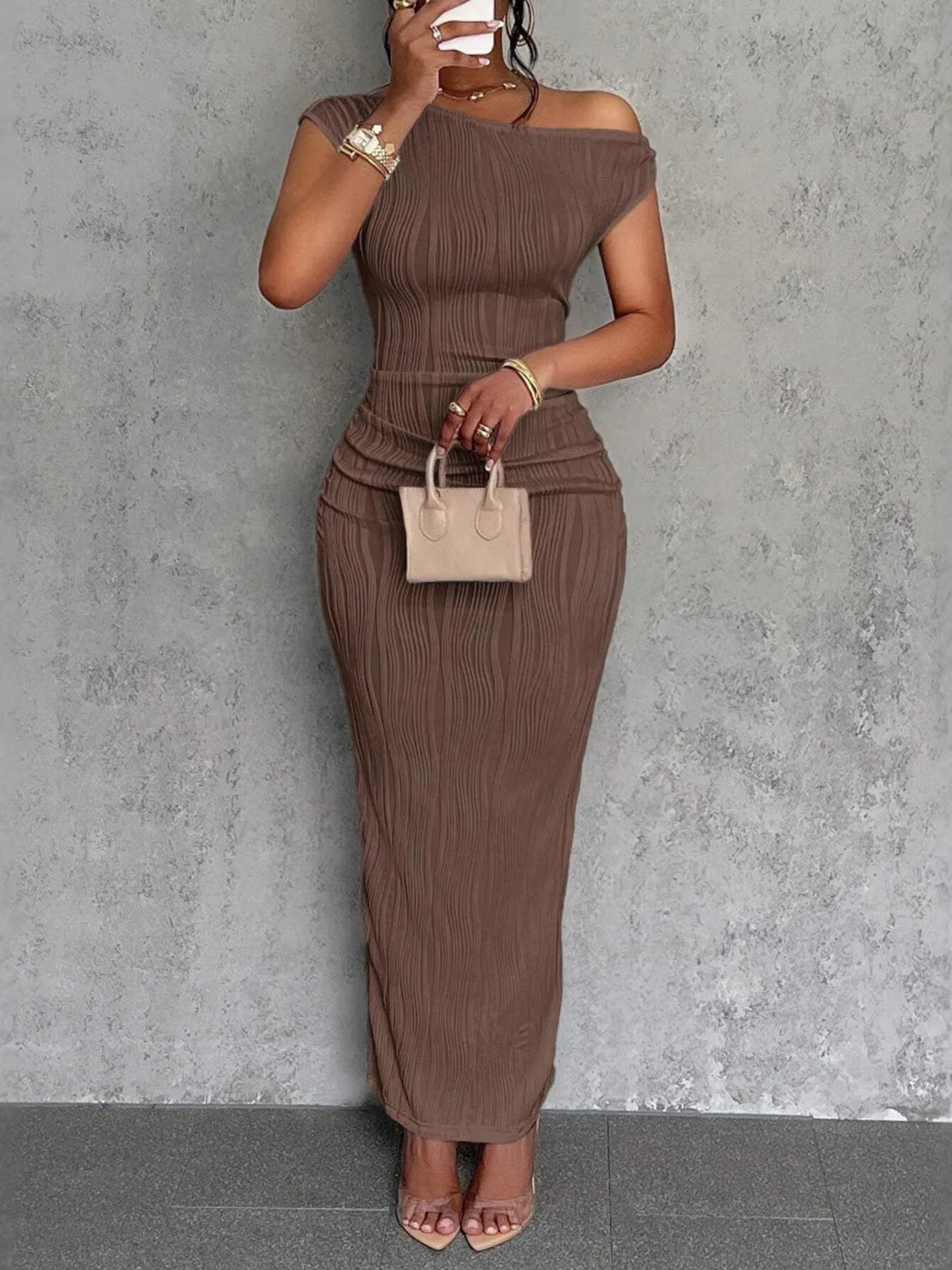 single shoulder ribbed bodycon maxi dress full length view