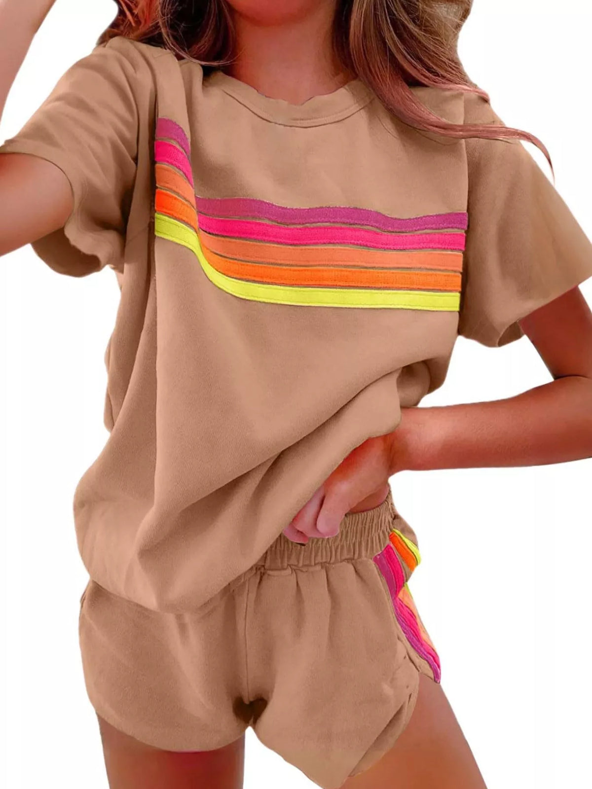 Rainbow Striped Round Neck Top and Shorts Set, view 7