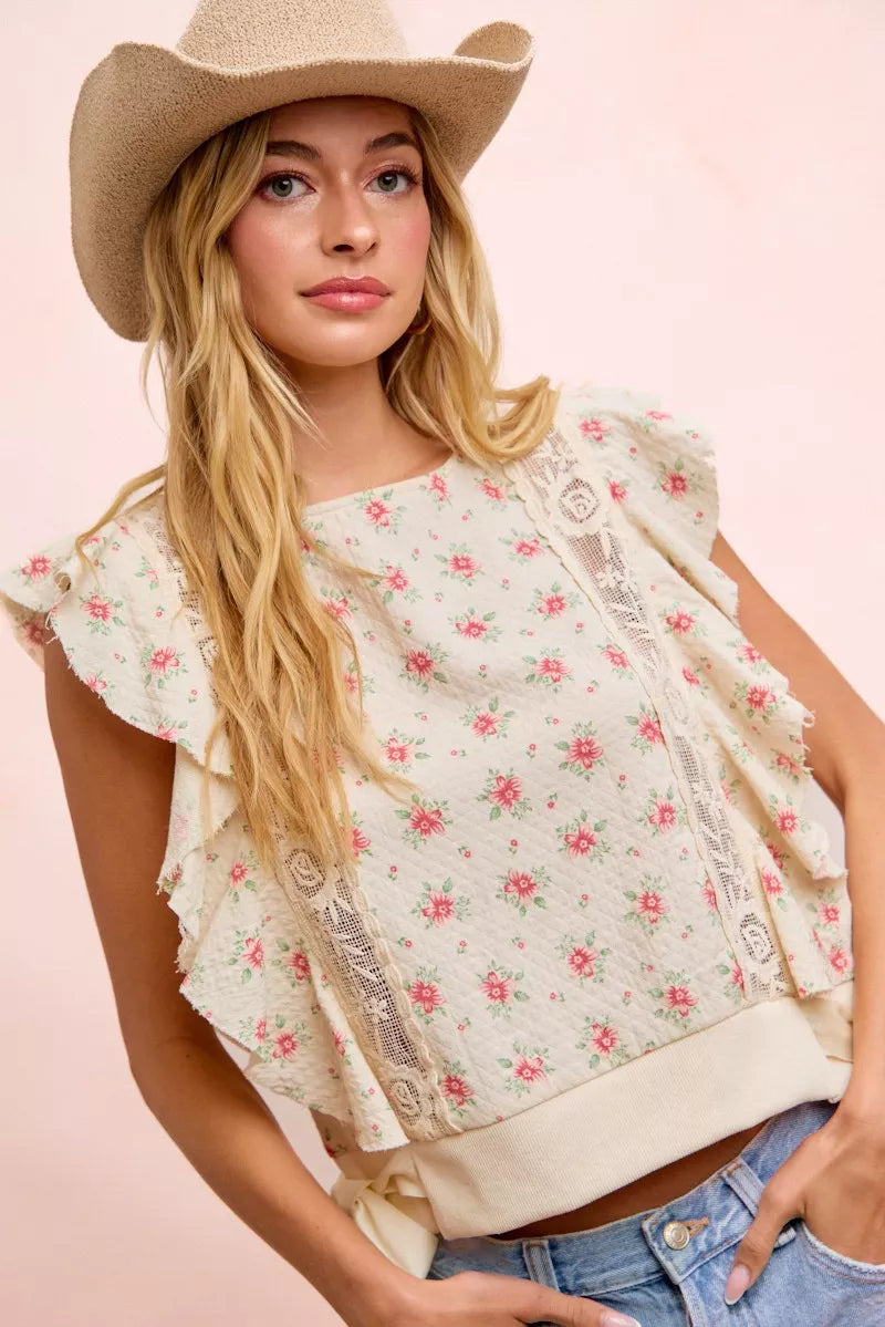 Floral Print Ruffle Sleeve Top, view 38