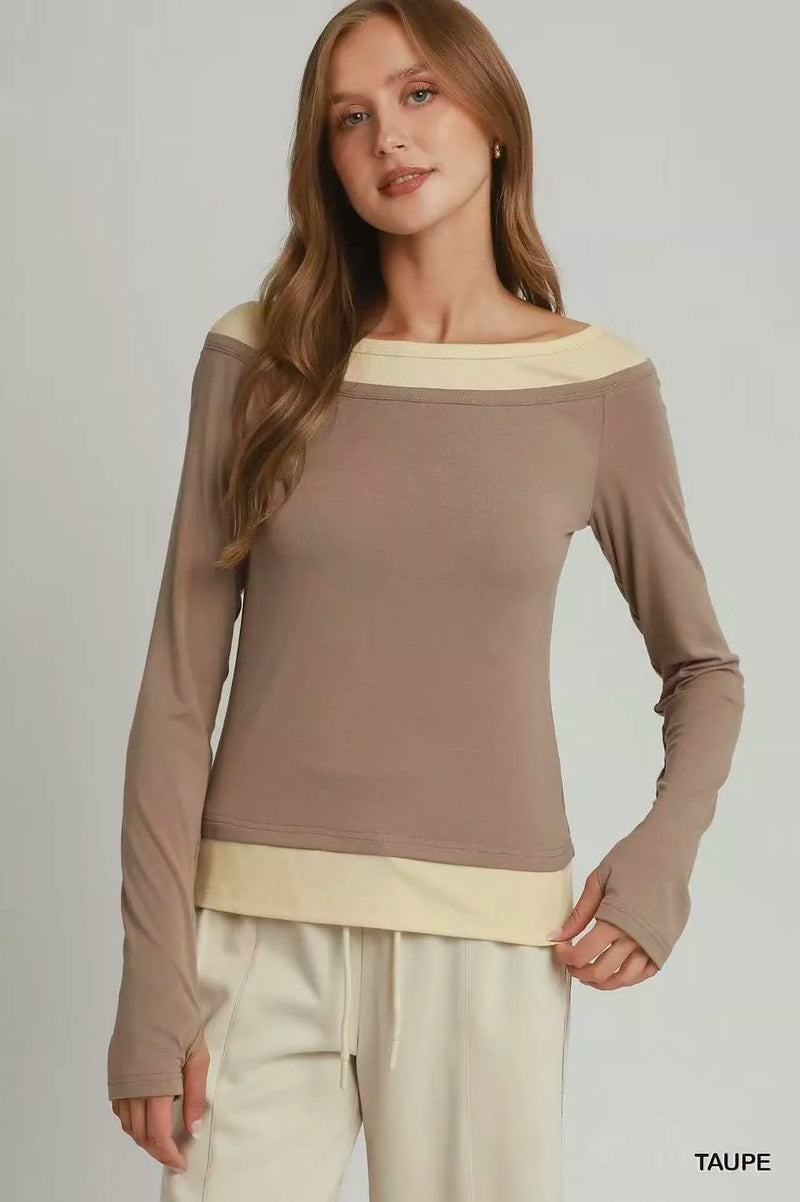 Taupe Umgee layered twofer long sleeve top front view