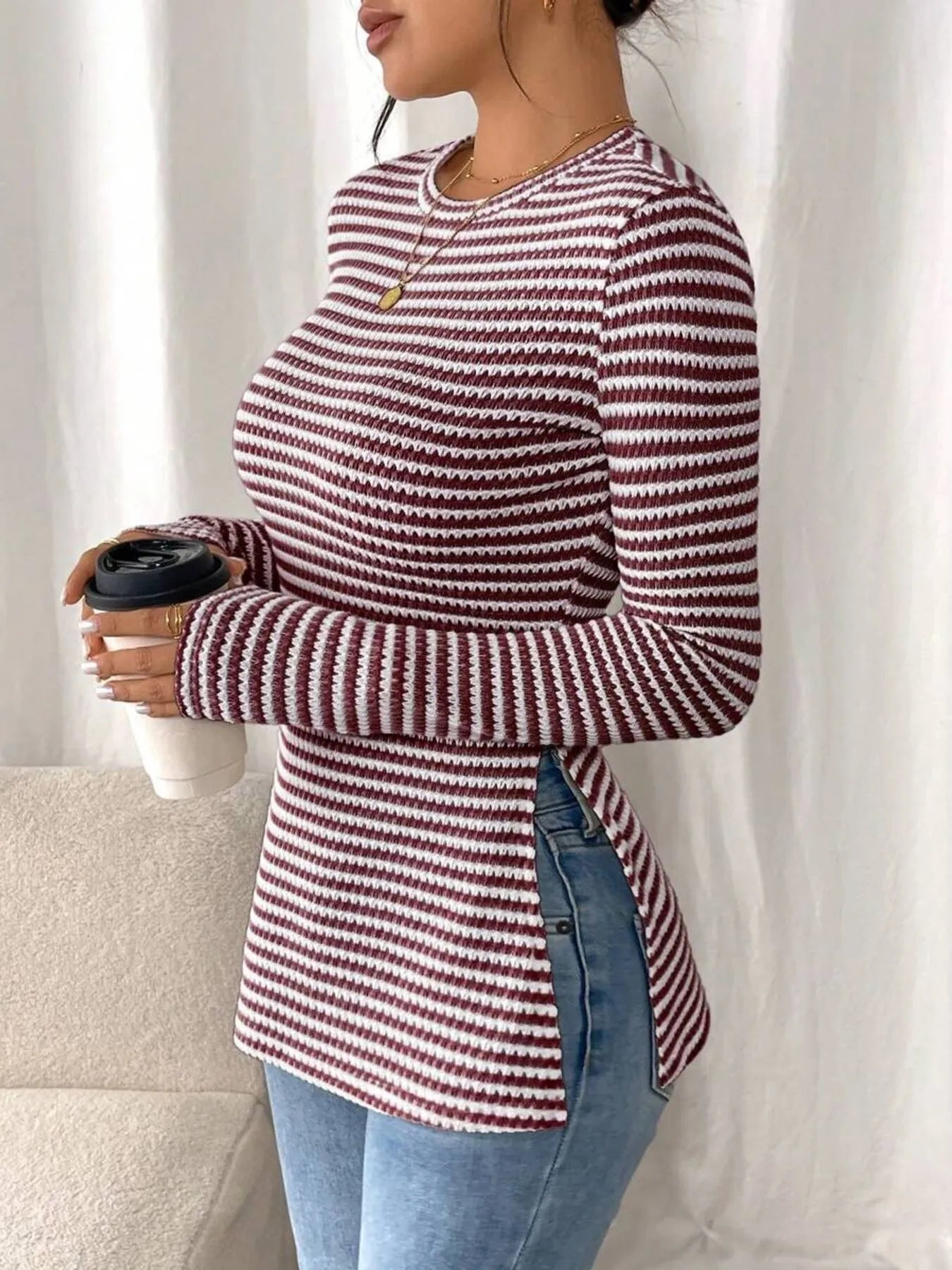 Side Slit Striped Long Sleeve T-Shirt - Fashorio