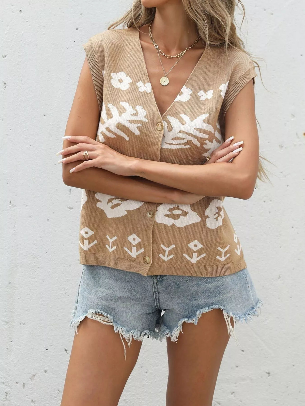 Floral V-neck cap sleeve cardigan front view