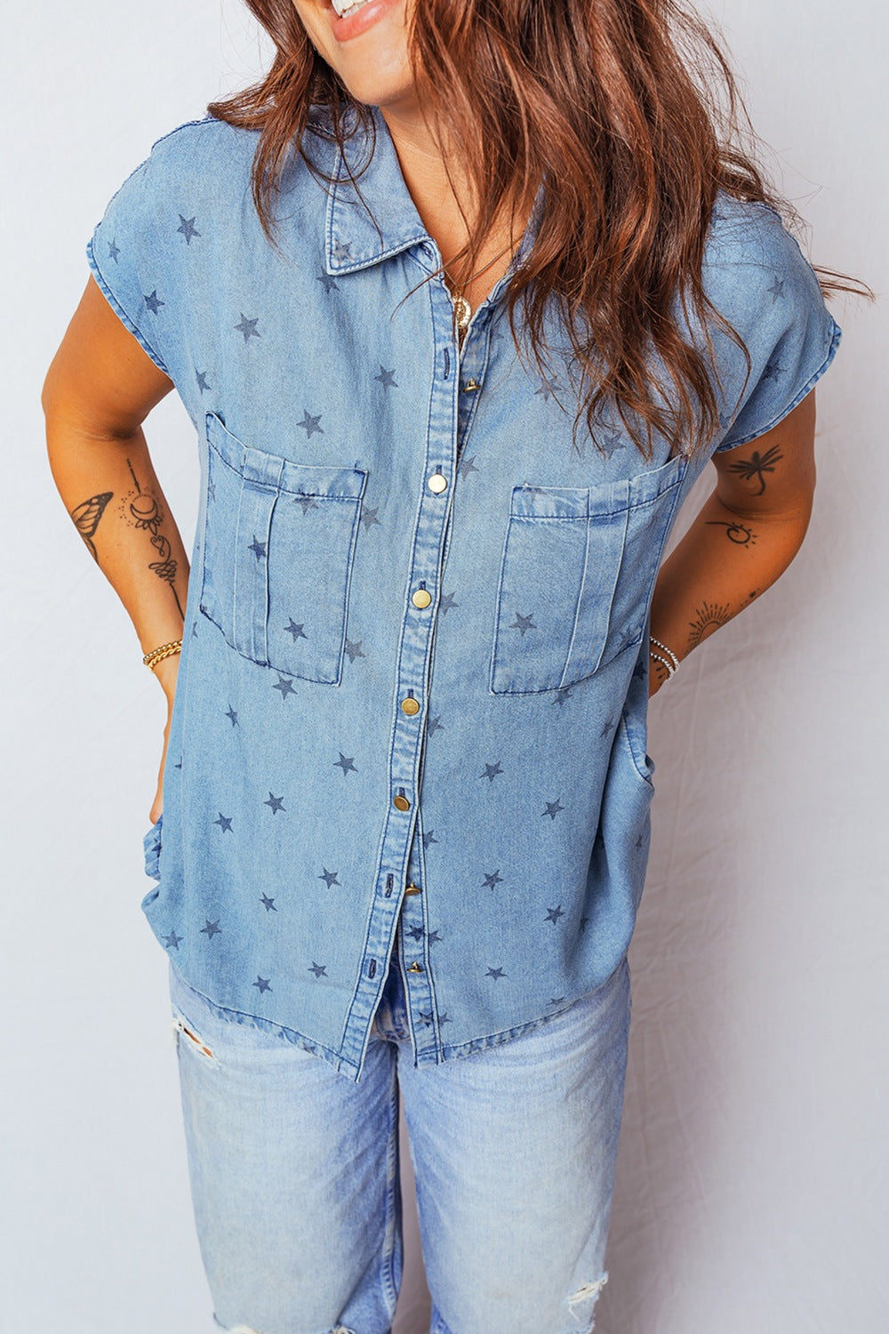 Short sleeve denim shirt side profile view