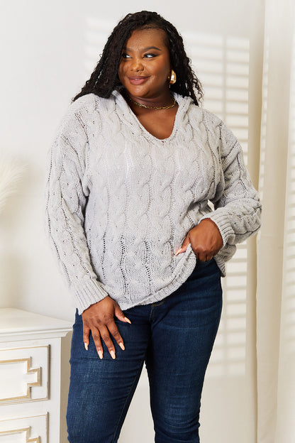 Woven Right Cable-Knit Hooded Sweater - Fashorio