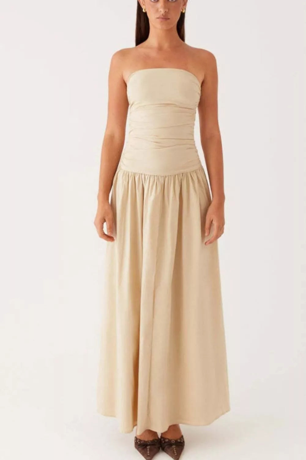 Ruched maxi dress full length styling