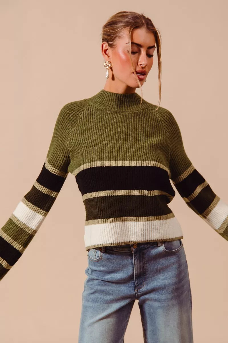 Multi Color Striped Mock Neck Sweater in Olive styled look