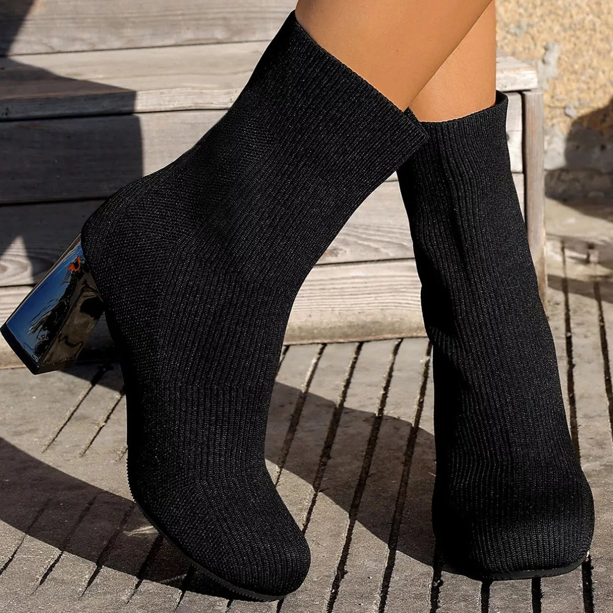 Round Toe Mesh Block Heel Boots close up of the toe